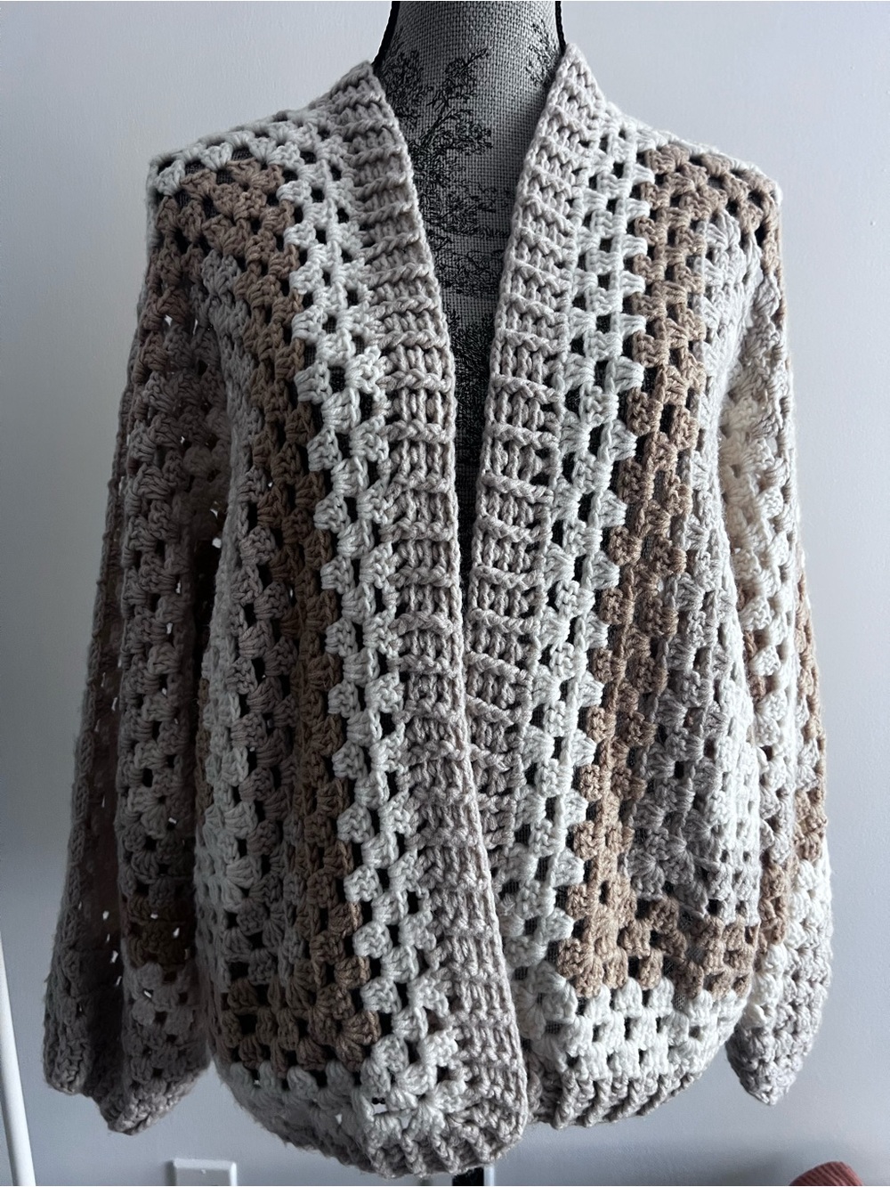 Cozy Neutral Crochet Open-Front Women's Sweater Cardigan